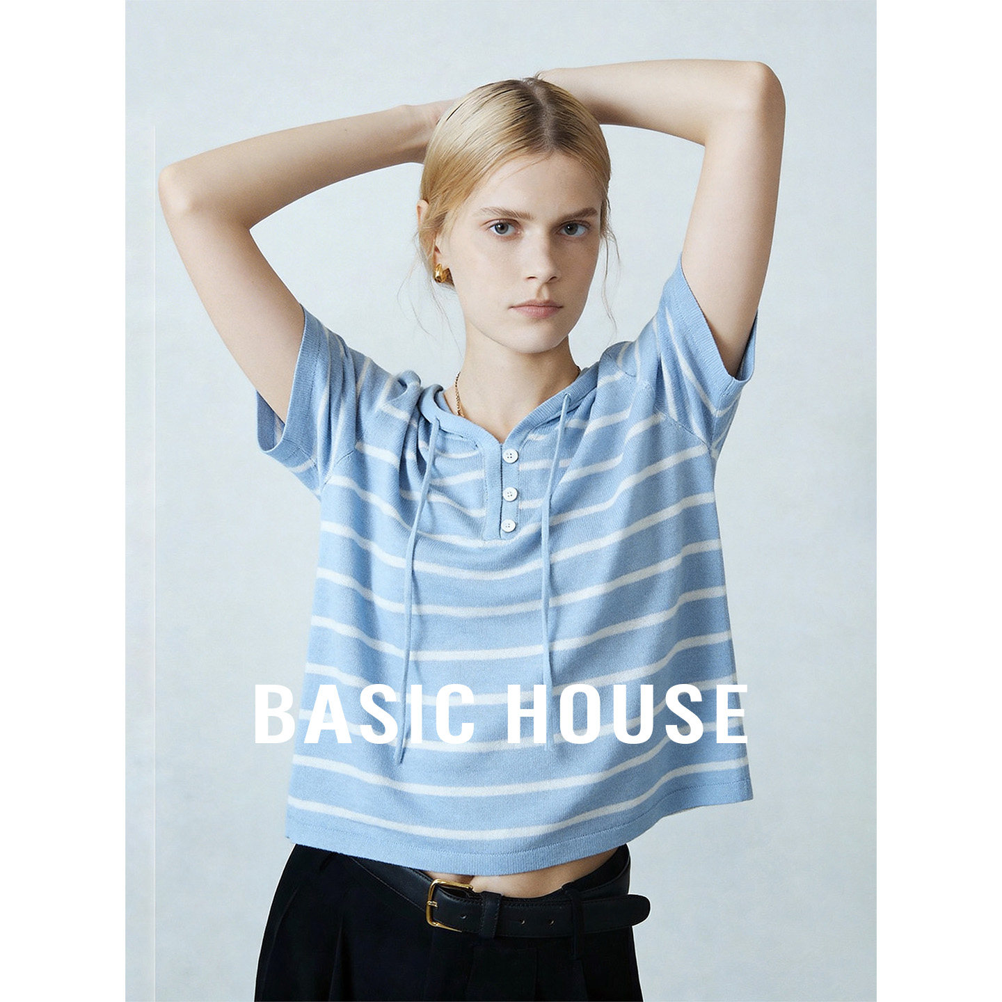 Basic House/百家好撞色条纹连帽薄款针织衫2026夏季新款短袖上衣