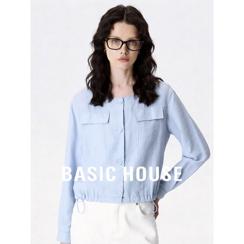 Basic House/百家好莱赛尔抽绳衬衫女蓝色宽松显瘦设计感通勤上衣
