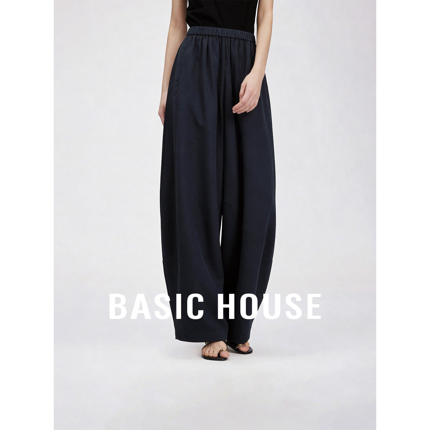 Basic House/百家好莱赛尔松紧腰宽松休闲裤女高级感纯色阔腿长裤