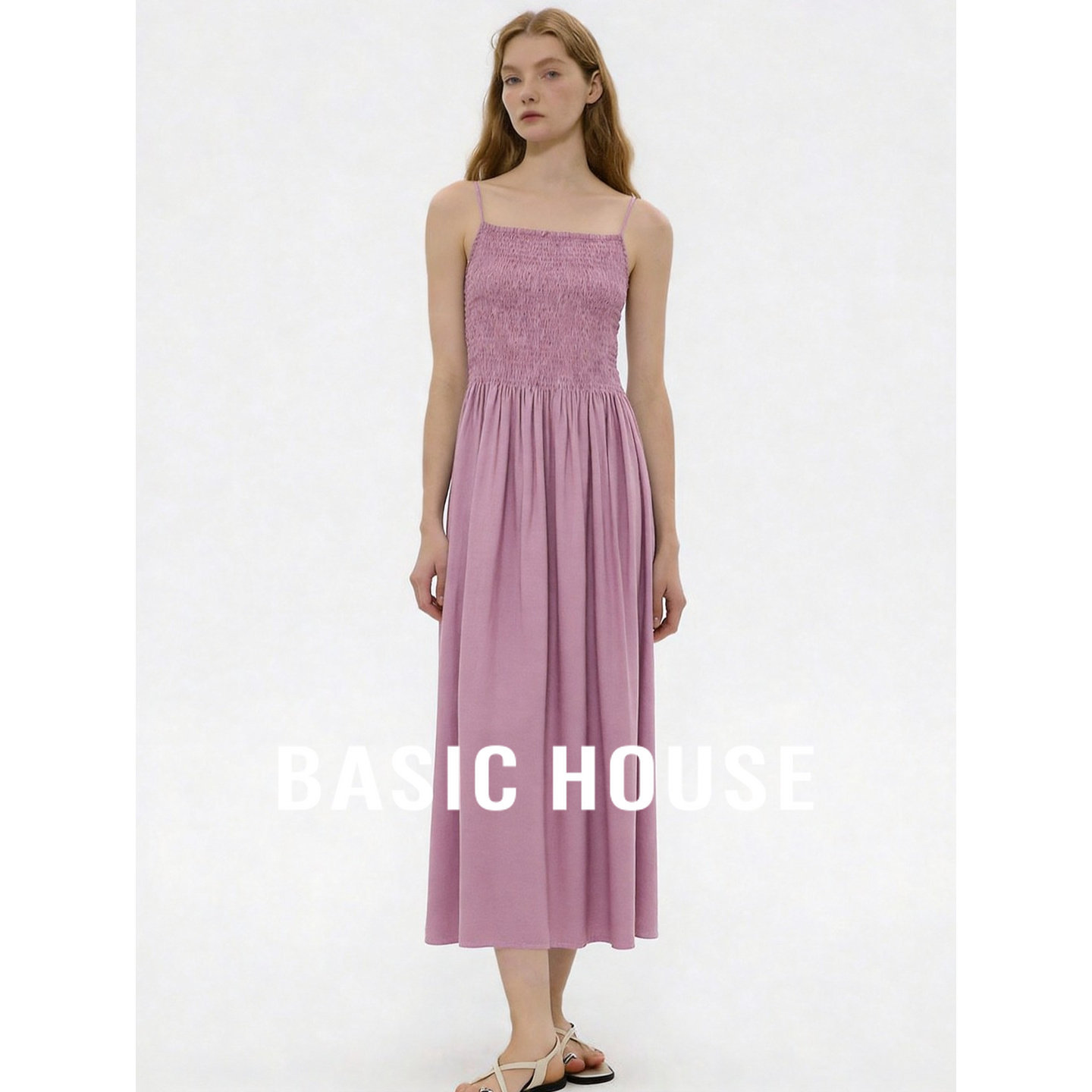 Basic House/百家好紫色细肩带修身显瘦中长裙纯色时尚气质连衣裙