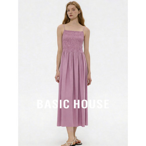 Basic House/百家好紫色细肩带修身显瘦中长裙纯色时尚气质连衣裙