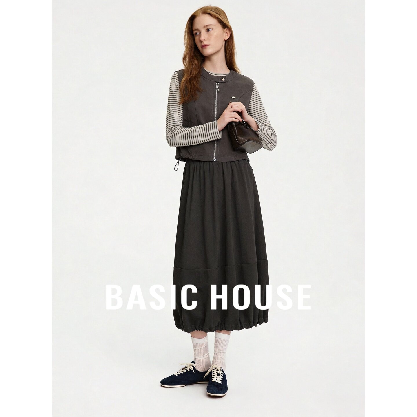 Basic House/百家好法式复古条纹针织衫军绿色马甲半裙三件套套装