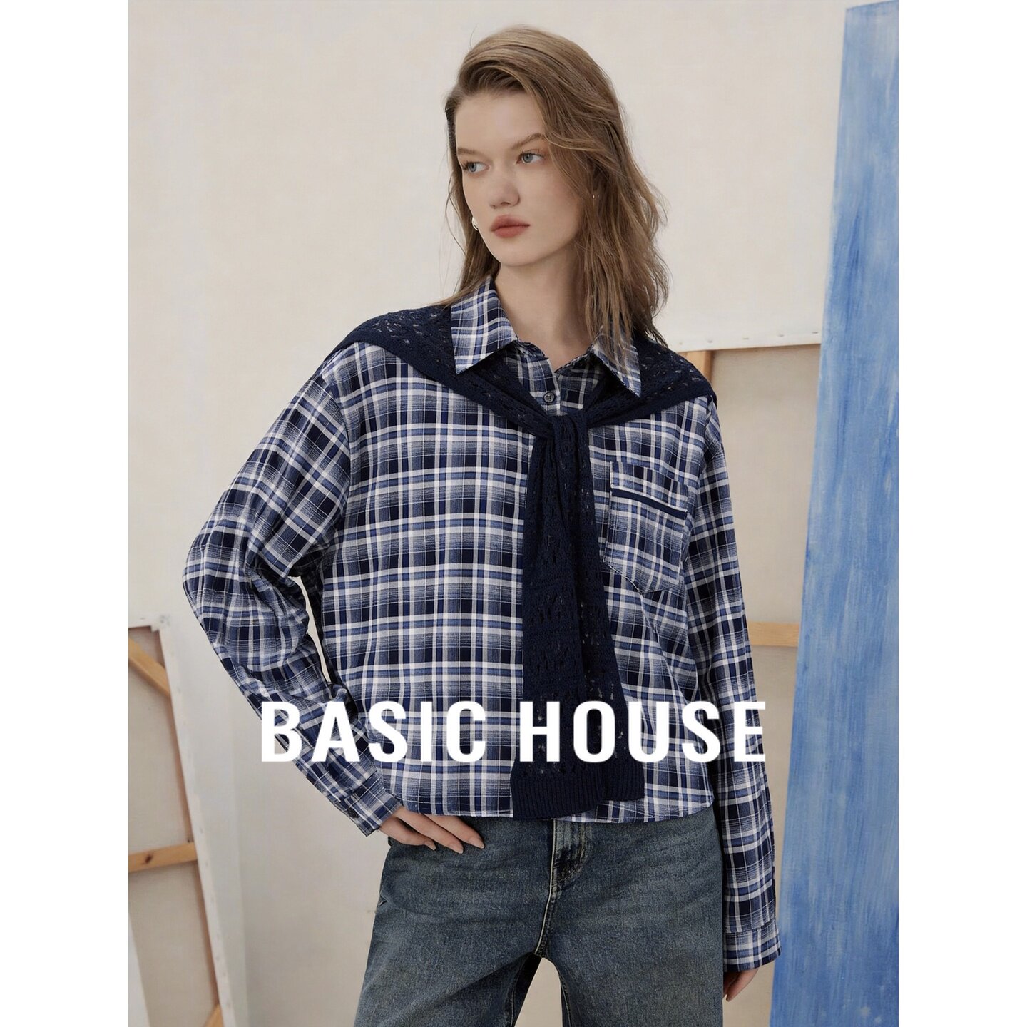 Basic House/百家好复古休闲格纹衬衫女长袖翻领针织披肩百搭上衣