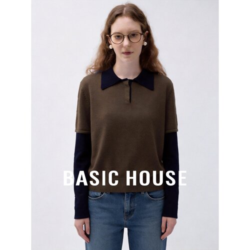 Basic House/百家好2026秋含羊毛棕色POLO领假两件撞色短款针织衫