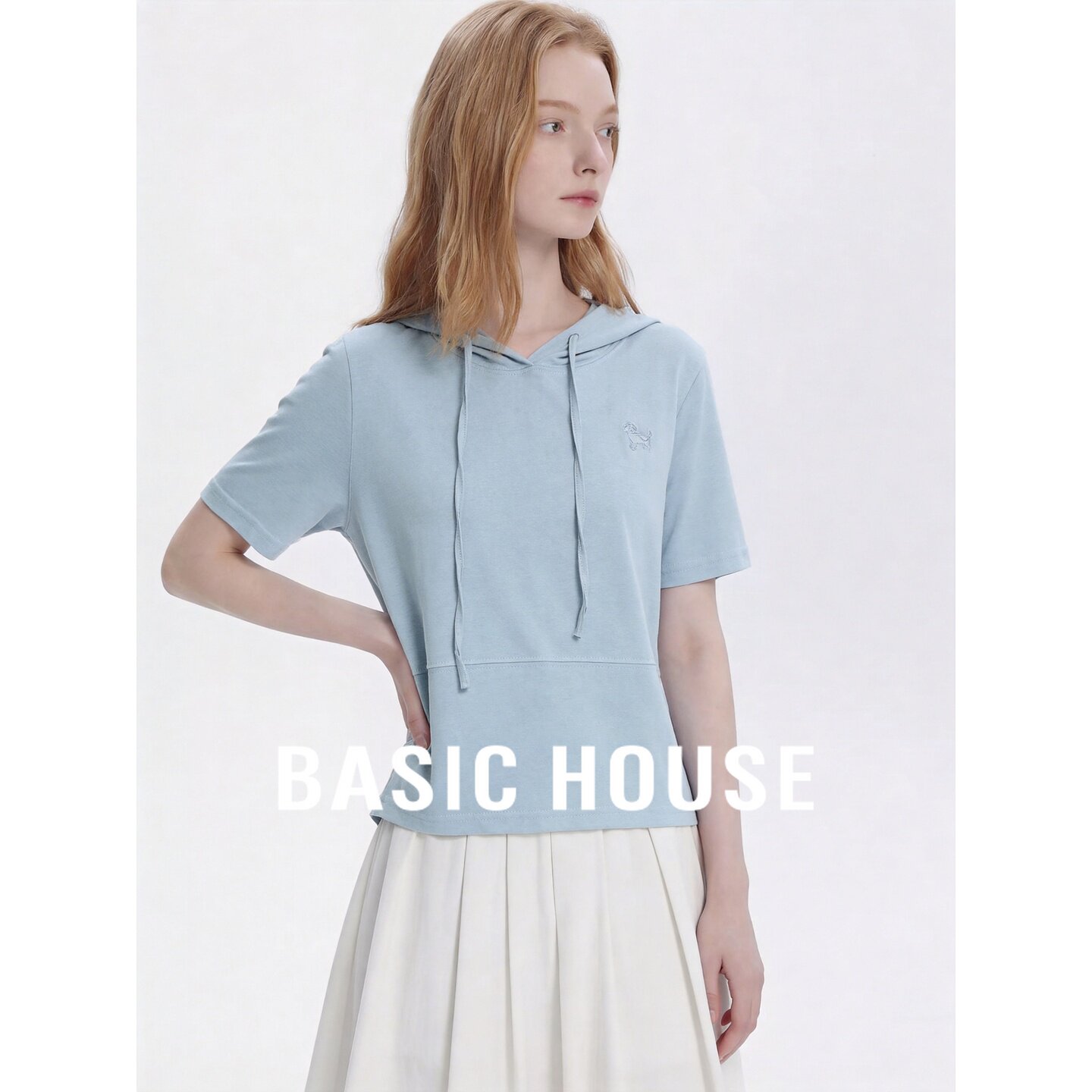 Basic House/百家好休闲连帽抽绳短袖T恤女蓝色休闲百搭显瘦上衣