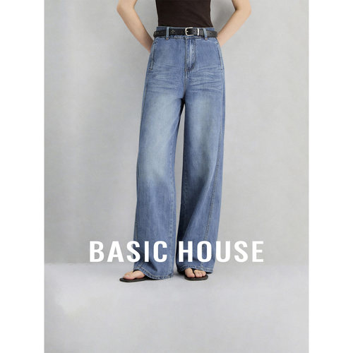 Basic House/百家好蓝色高腰莱赛尔透气直筒裤女夏宽松显瘦牛仔裤