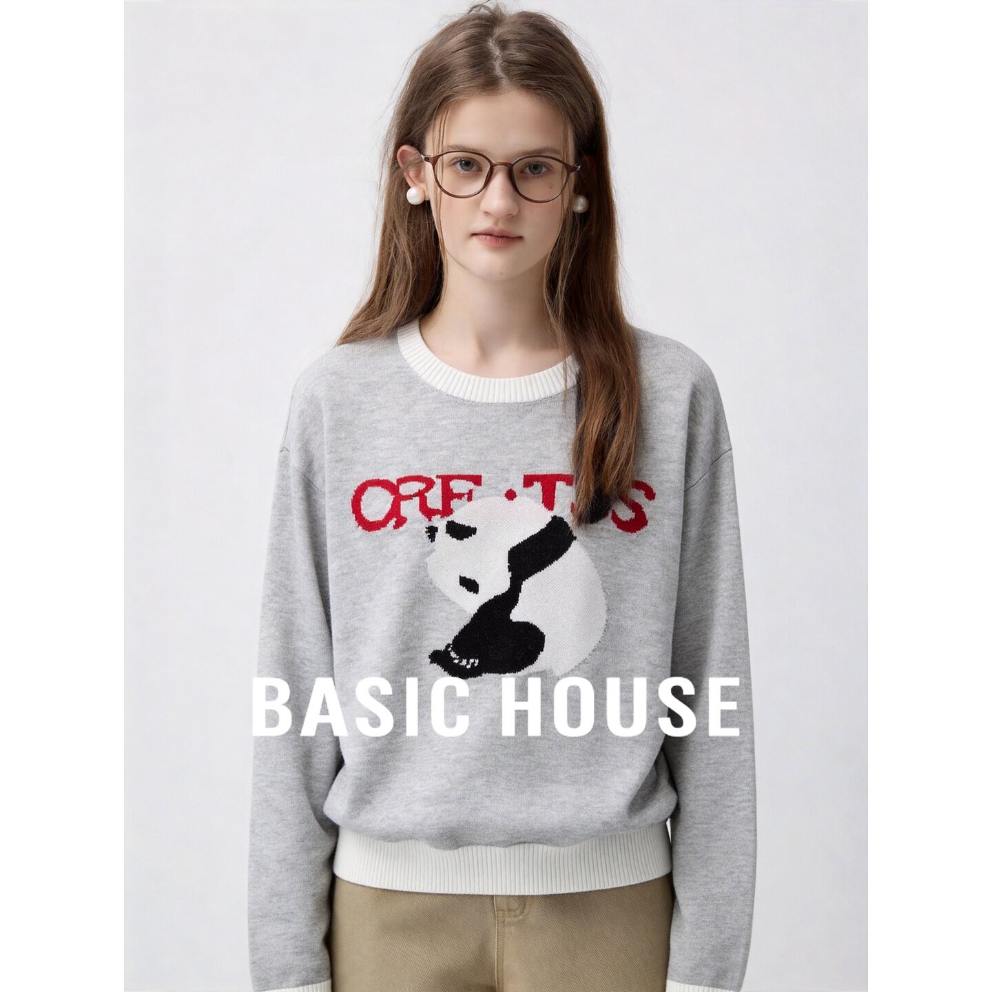 Basic House/百家好可爱熊猫图案针织衫女圆领宽松减龄百搭上衣