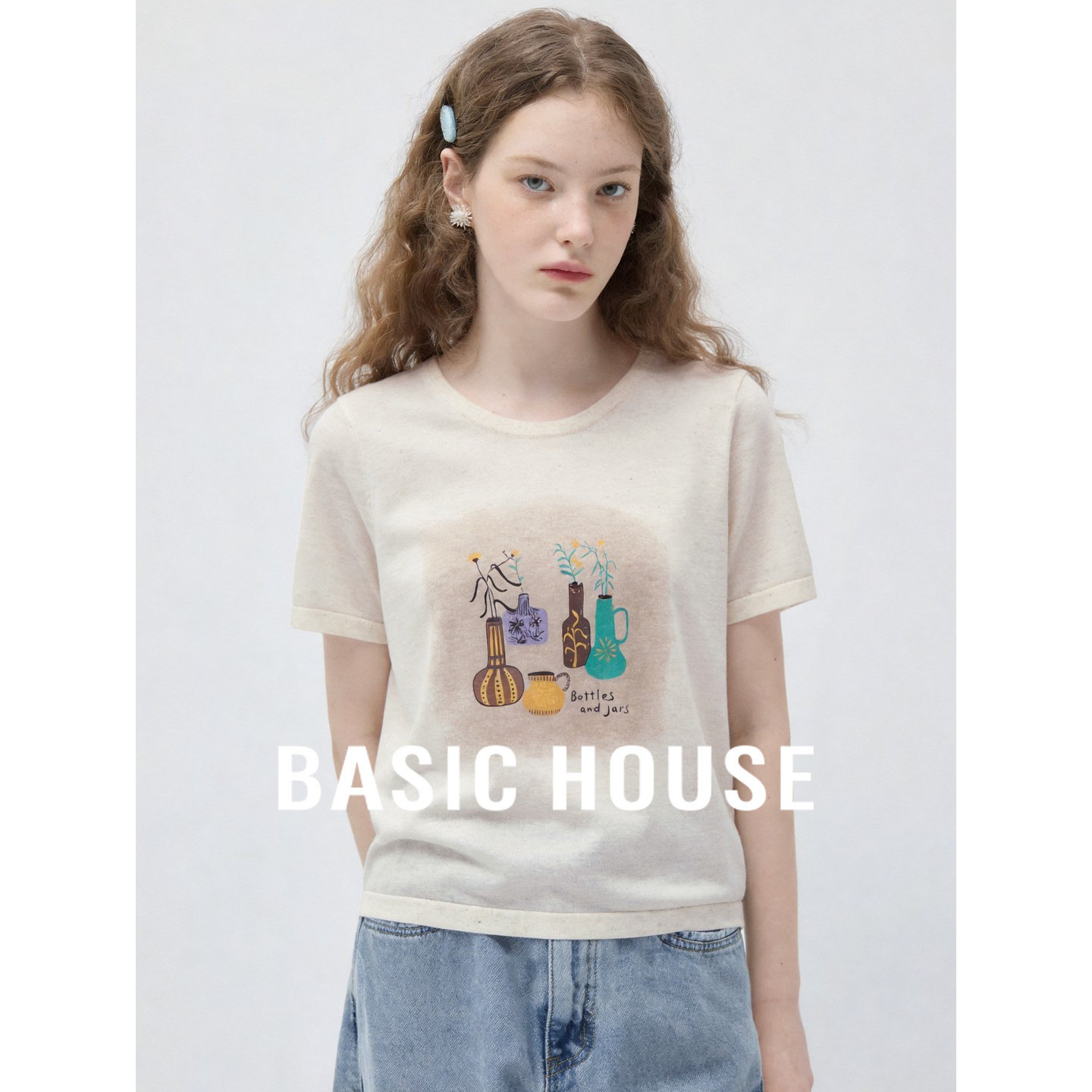 Basic House/百家好日系森女风印花短袖T恤女夏文艺刺绣圆领上衣