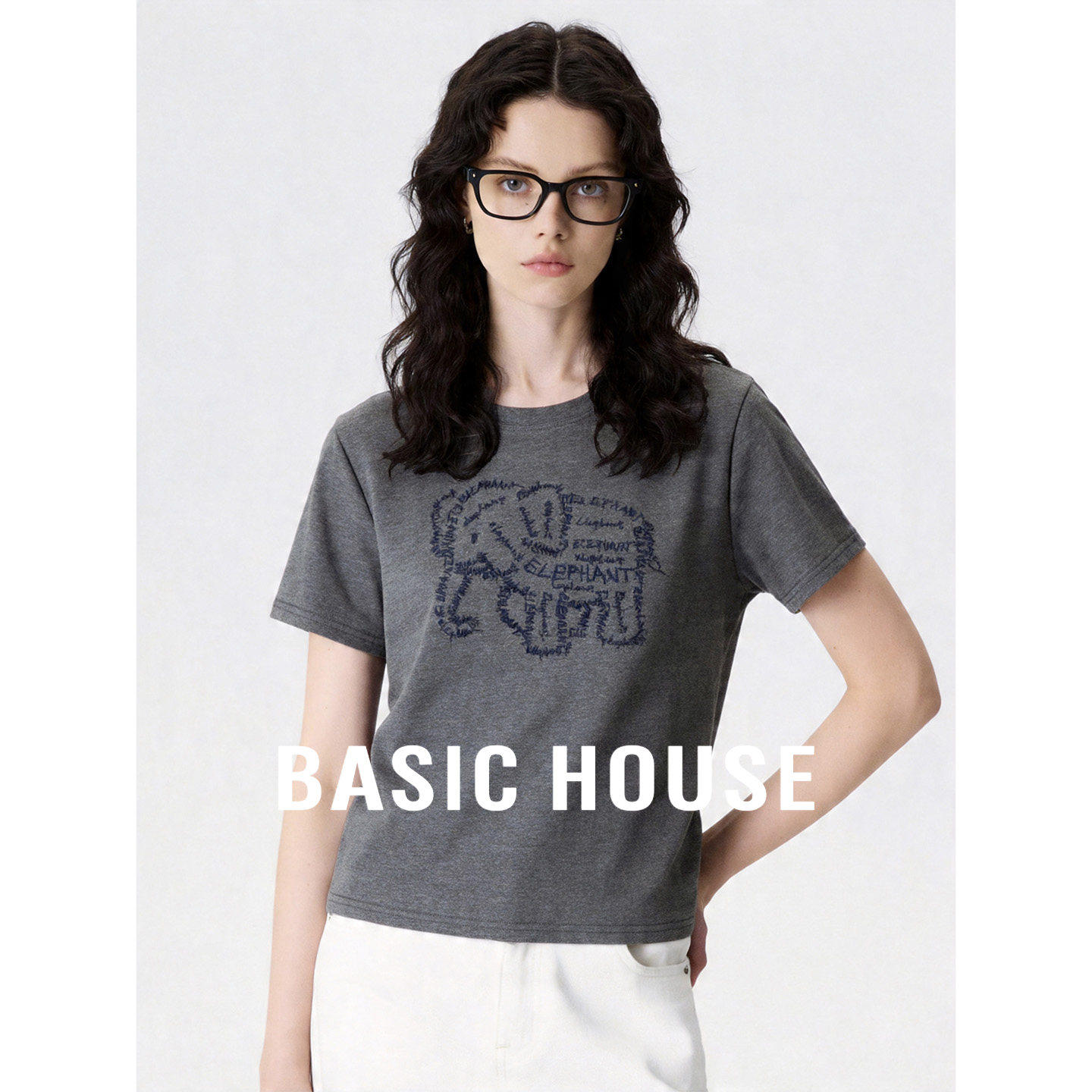 Basic House/百家好棉质动物刺绣圆领短袖T恤女夏短款上衣薄款