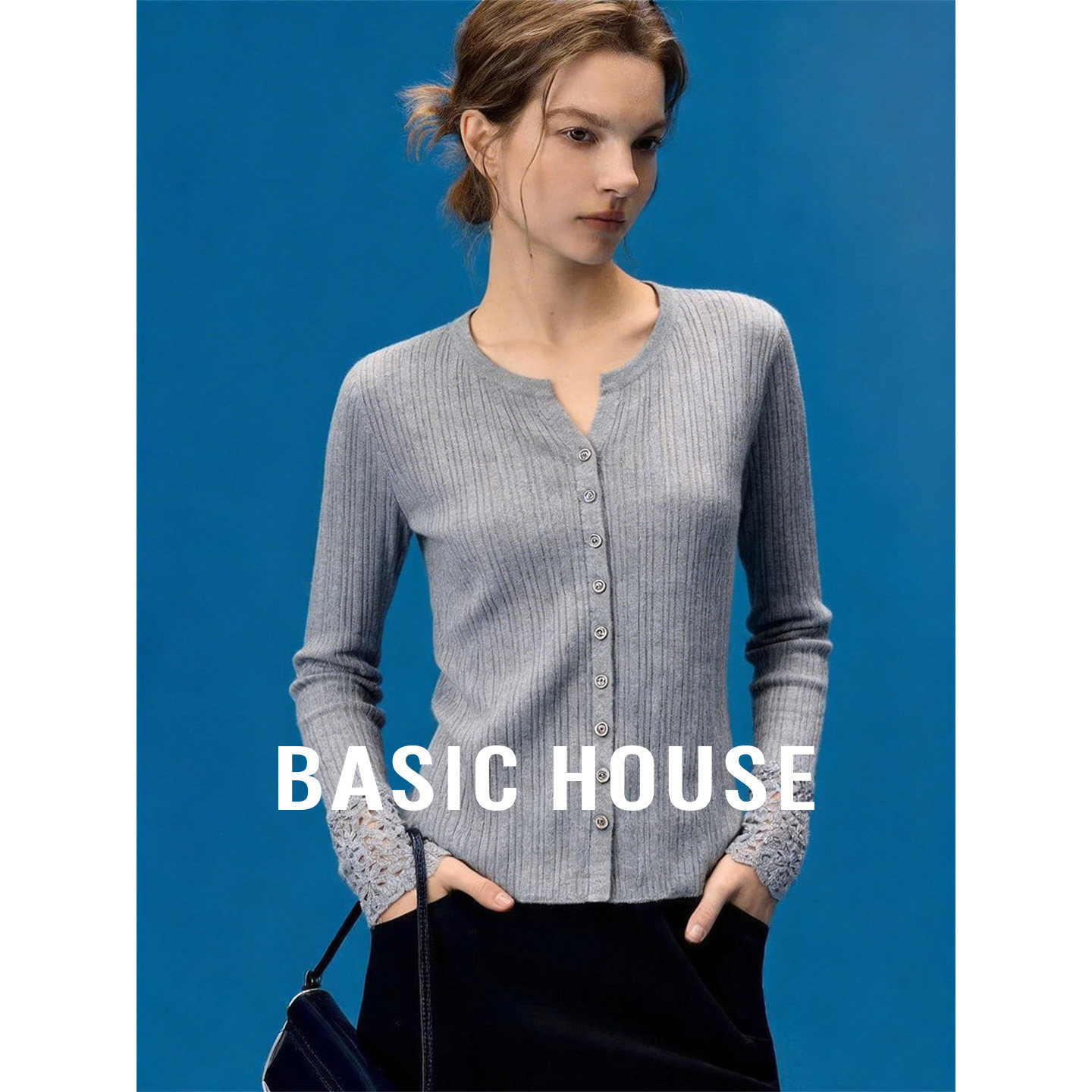 Basic House/百家好袖口镂空拼接针织衫v领长袖开衫外套薄款春季
