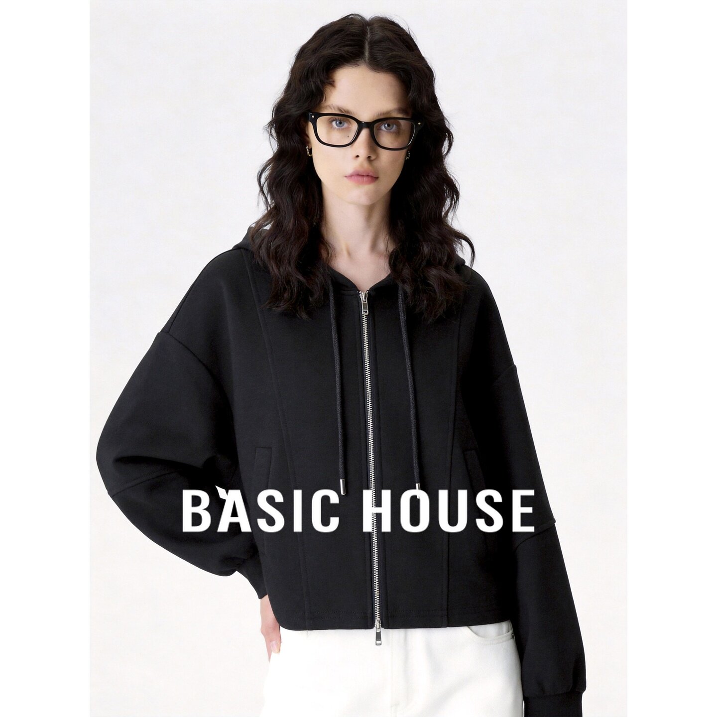 Basic House/百家好黑色连帽双拉链短款卫衣女秋宽松休闲抽绳帽衫