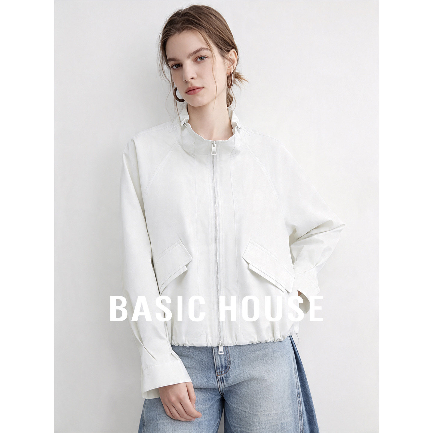 Basic House/百家好纯色立领宽松休闲短款外套女夏季防晒百搭上衣