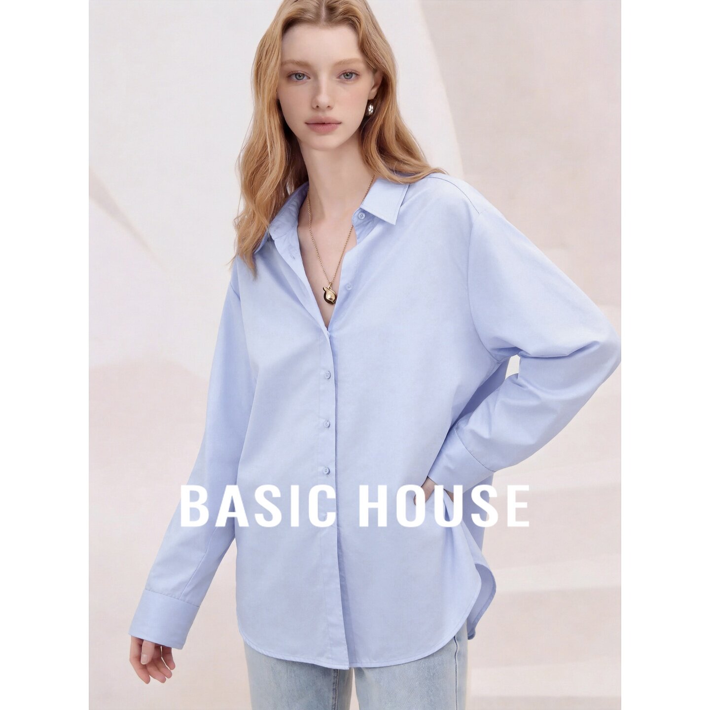 Basic House/百家好2026秋季纯棉蓝色翻领纽扣宽松温柔长袖女衬衫