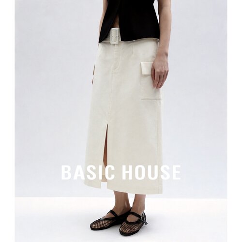 Basic House/百家好工装风开叉半身裙女中长款大口袋百搭休闲半裙