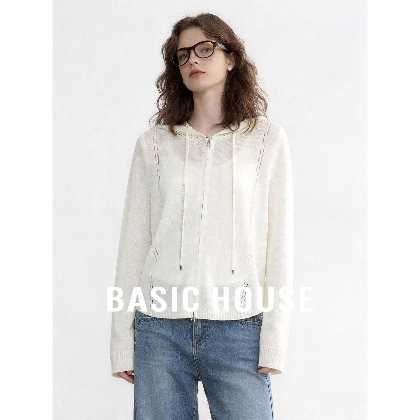 Basic House/百家好白色针织开衫外套女秋季新款轻薄抽绳长袖上衣