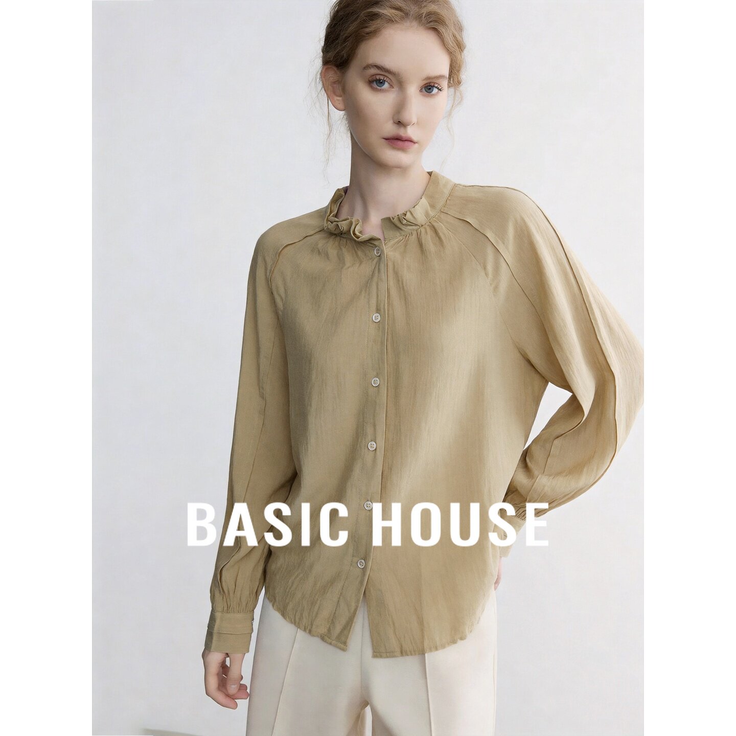 Basic House/百家好2026秋季纯棉咖色荷叶领荷叶边宽松长袖衬衫女