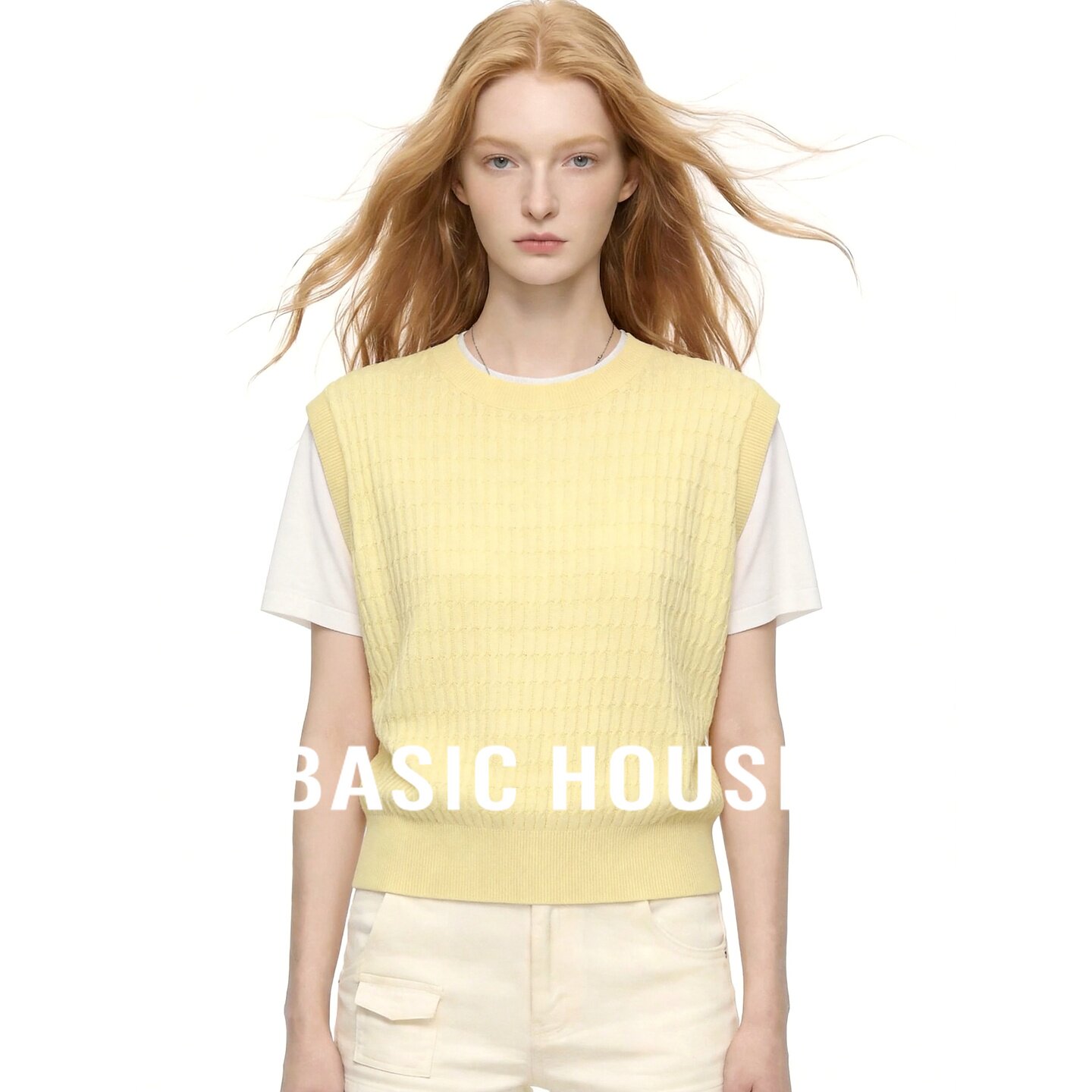 Basic House/百家好黄色莱赛尔假两件撞色针织衫圆领短袖百搭上衣