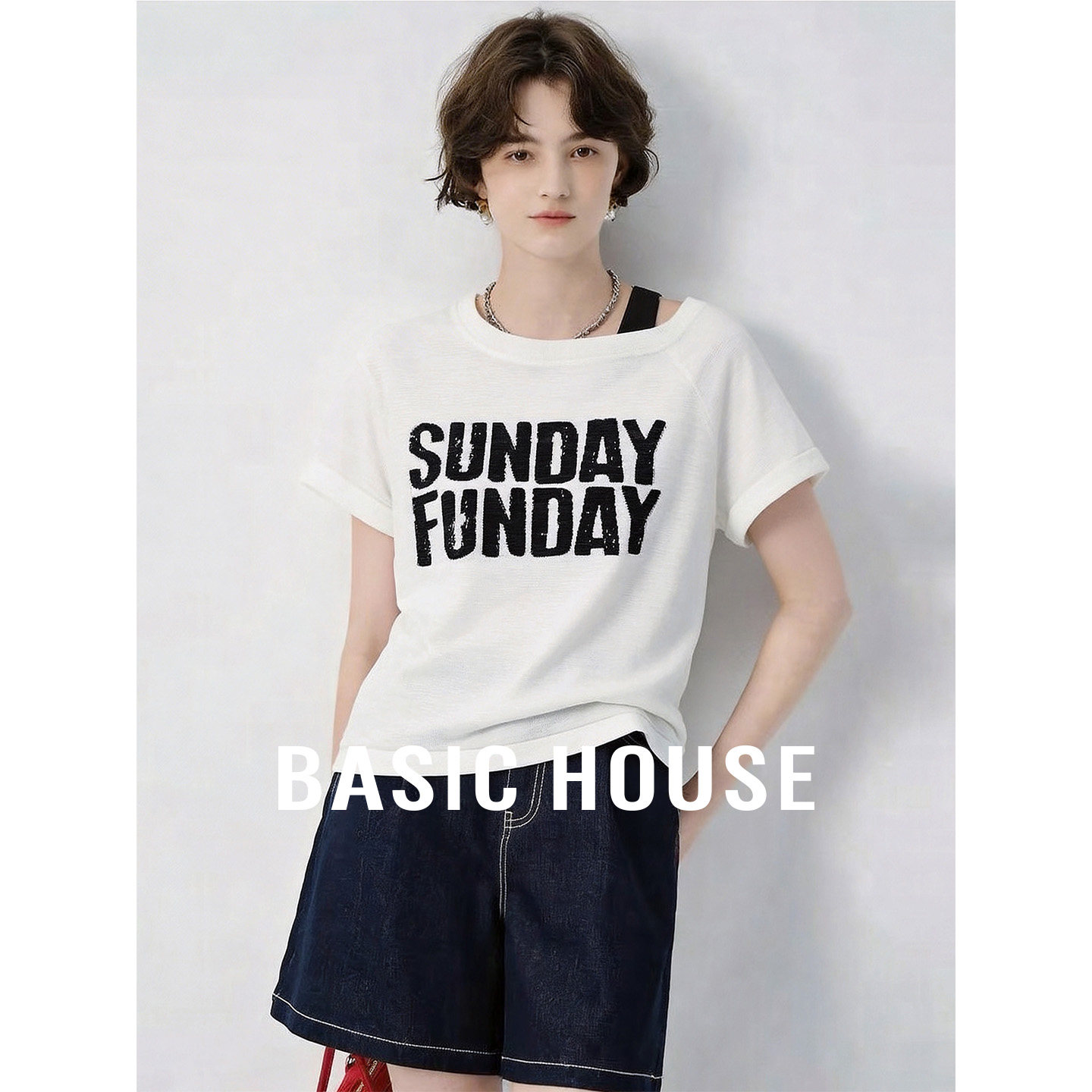 Basic House/百家好白色字母设计感短袖针织衫女夏季宽松百搭上衣