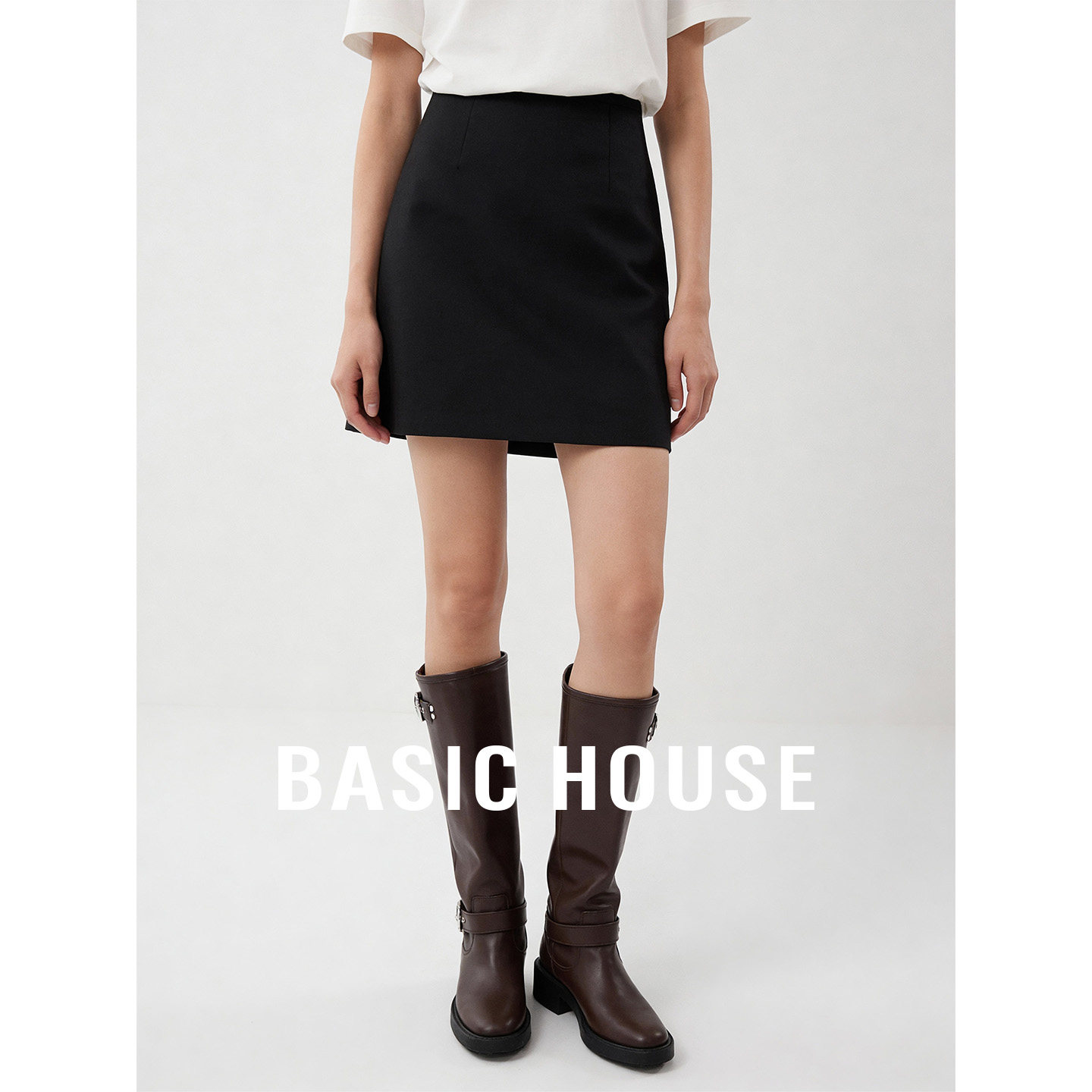 Basic House/百家好黑色通勤半身裙女26春季新款巨好看短款A字裙