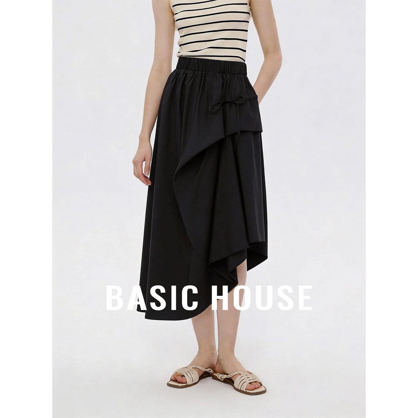 Basic House/百家好黑色不规则下摆设计半身裙女夏季新款好看长裙