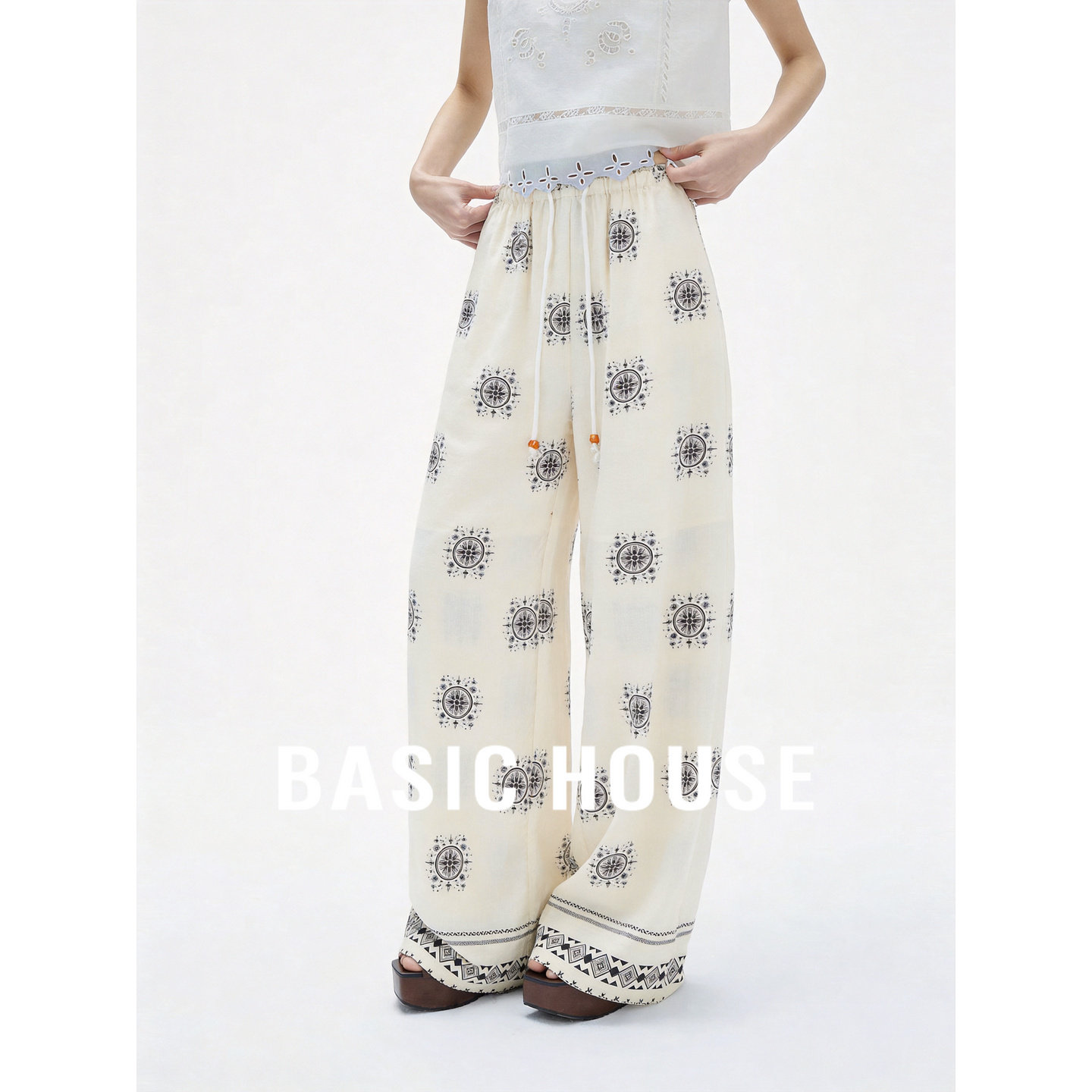 Basic House/百家好米色波西米亚印花阔腿裤女百搭高腰抽绳休闲裤