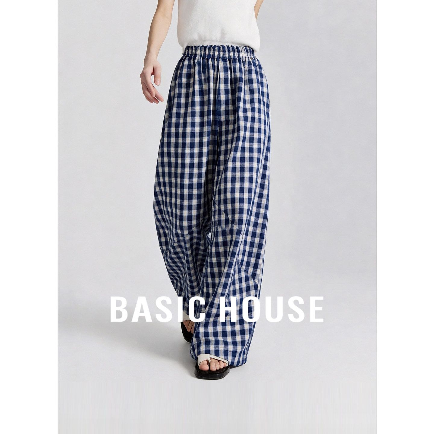 Basic House/百家好棉舒适百搭阔腿裤女26夏季高腰宽松格子休闲裤