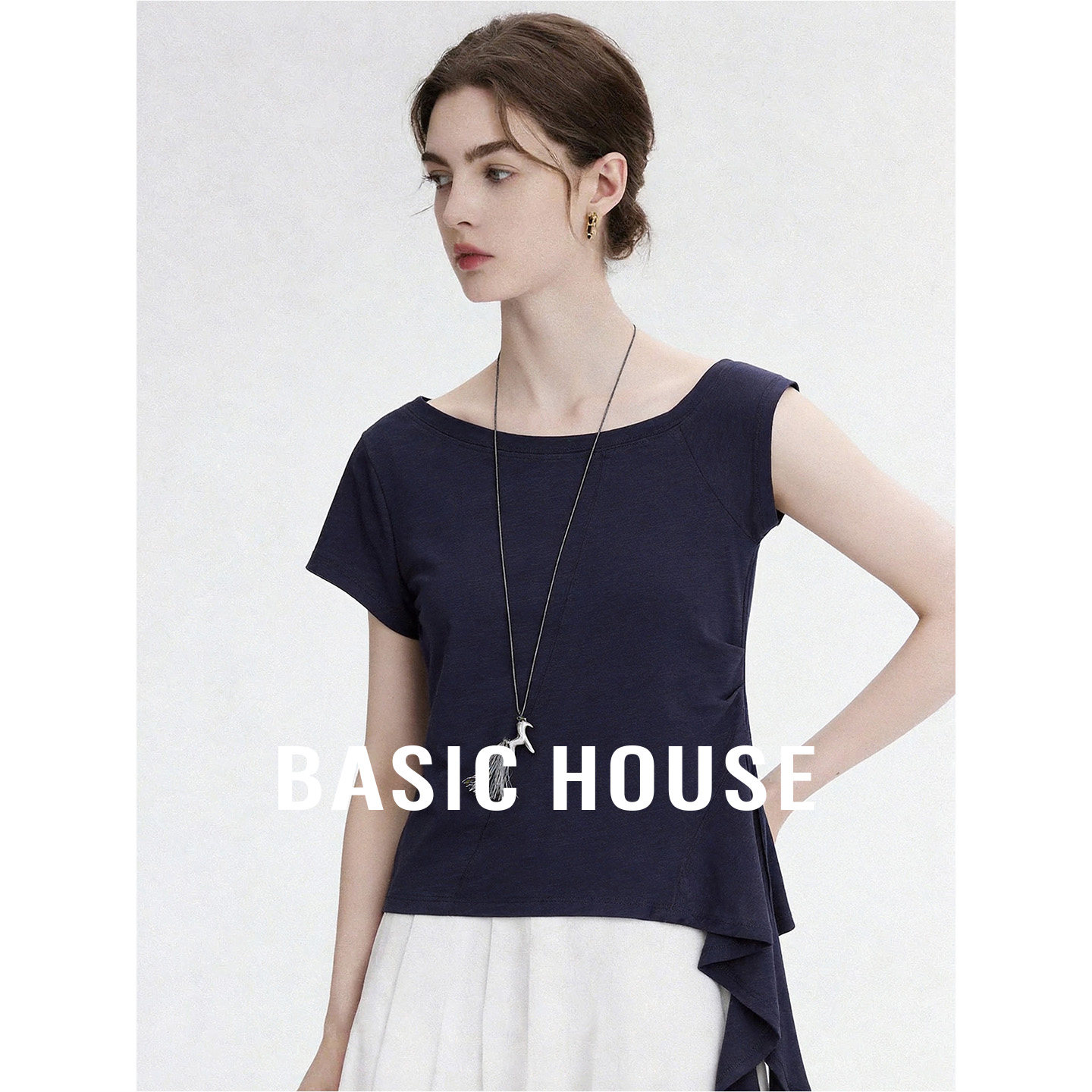 Basic House/百家好气质优雅不规则T恤女夏季莫代尔纯色收腰上衣