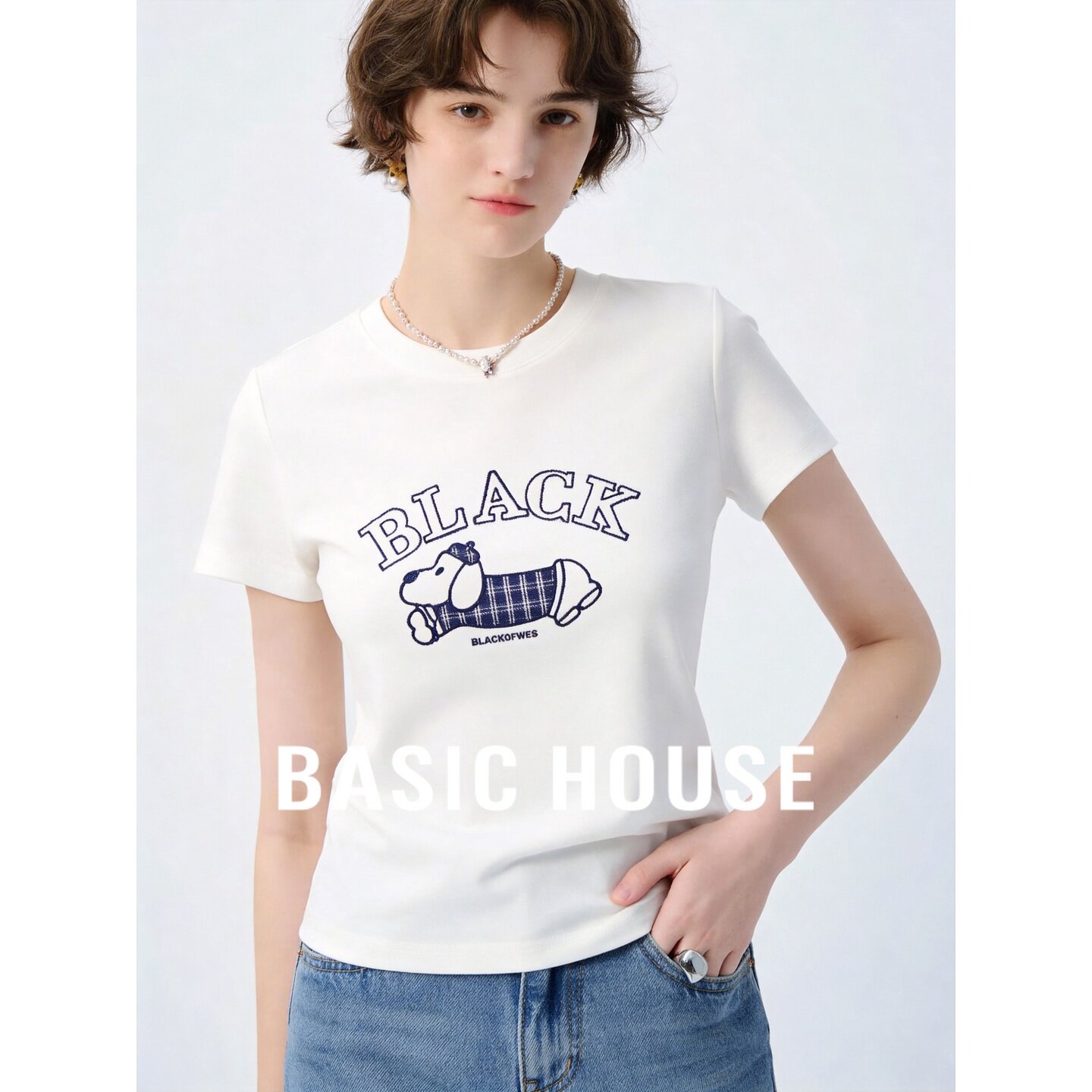 Basic House/百家好韩系可爱风小狗印花短袖女夏白色宽松休闲T恤