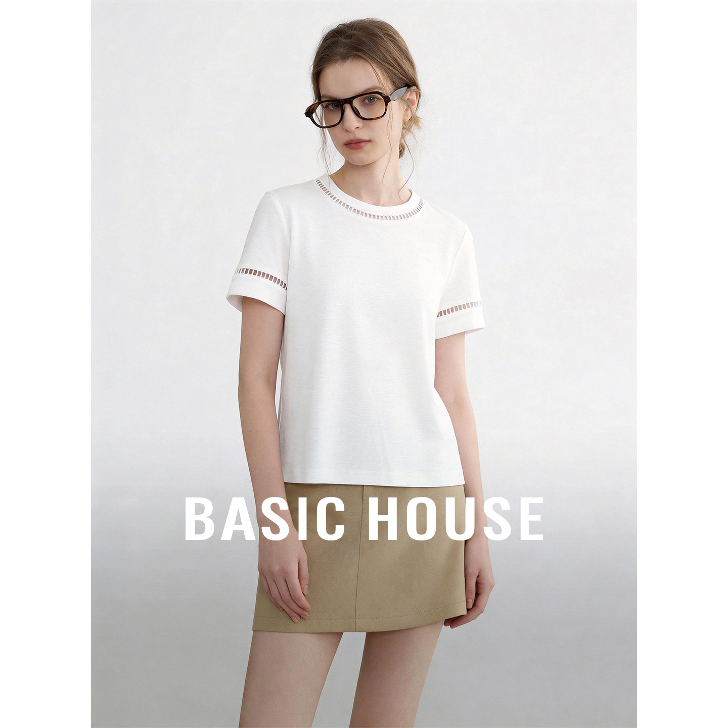 Basic House/百家好镂空拼接短袖T恤新款莱赛尔纯色宽松显瘦上衣