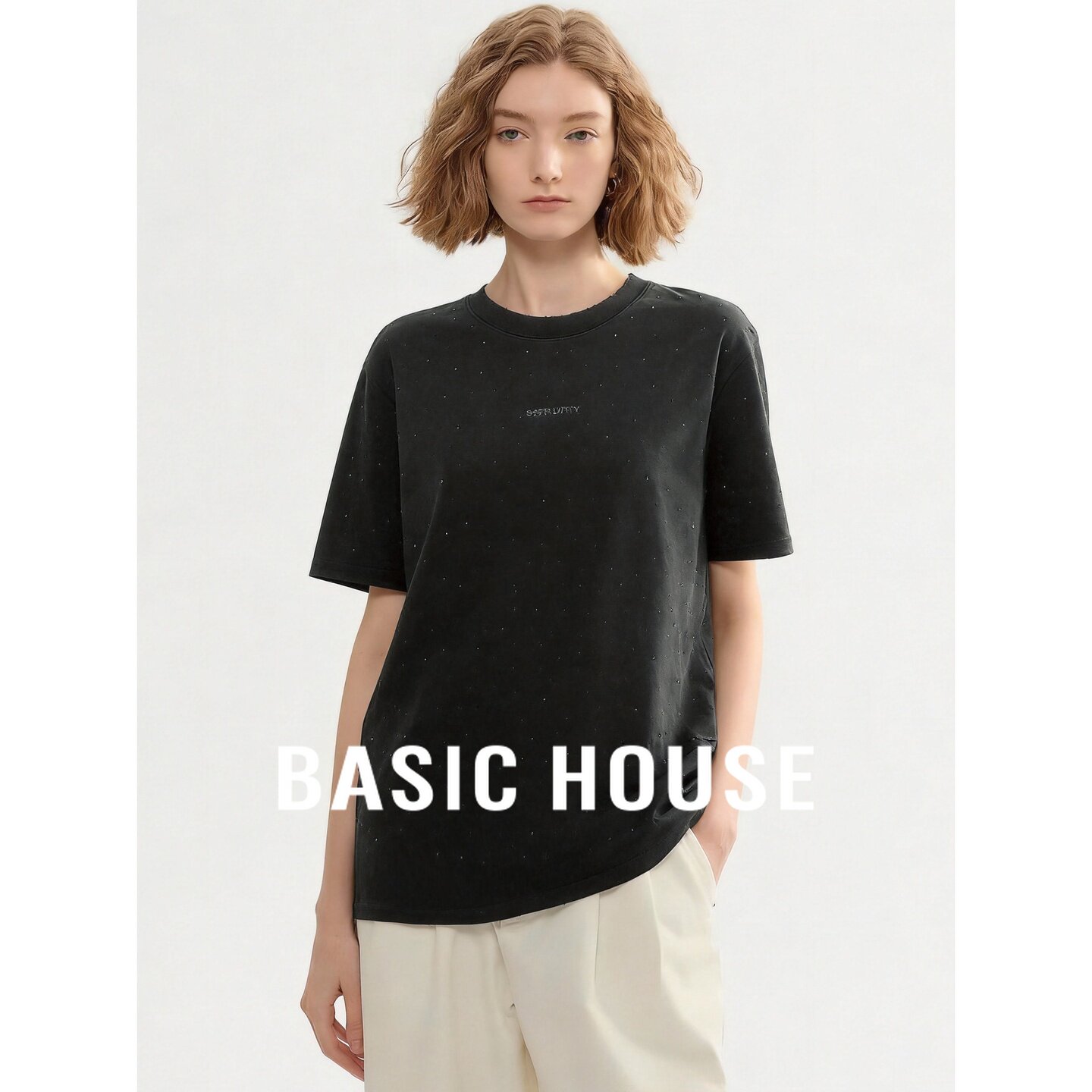 Basic House/百家好黑色圆领亮钻短袖T恤女夏季纯棉舒适简约上衣
