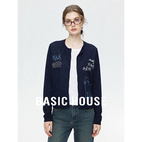 Basic House/百家好设计感假两件针织开衫圆领印花休闲减龄上衣
