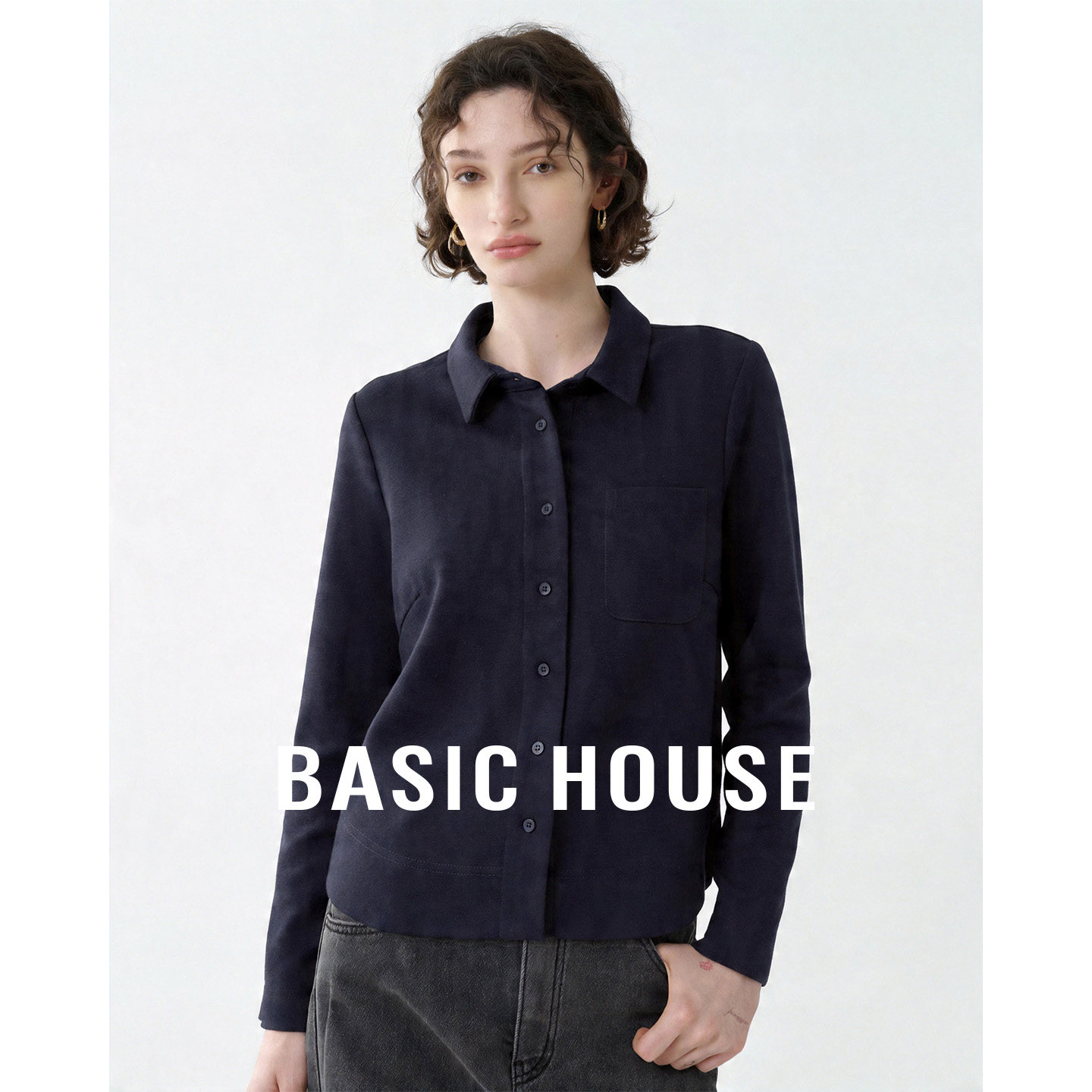 Basic House/百家好2026夏季polo领短款纯色基础简约长袖衬衫女