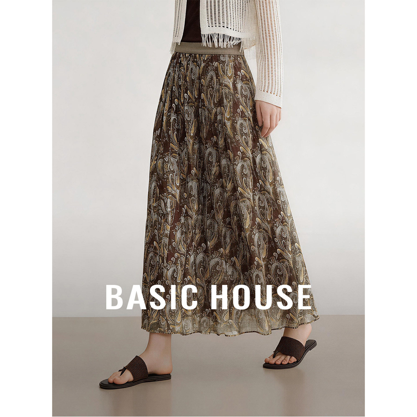 Basic House/百家好复古提花高腰半身裙夏季松紧腰A字中长款裙子