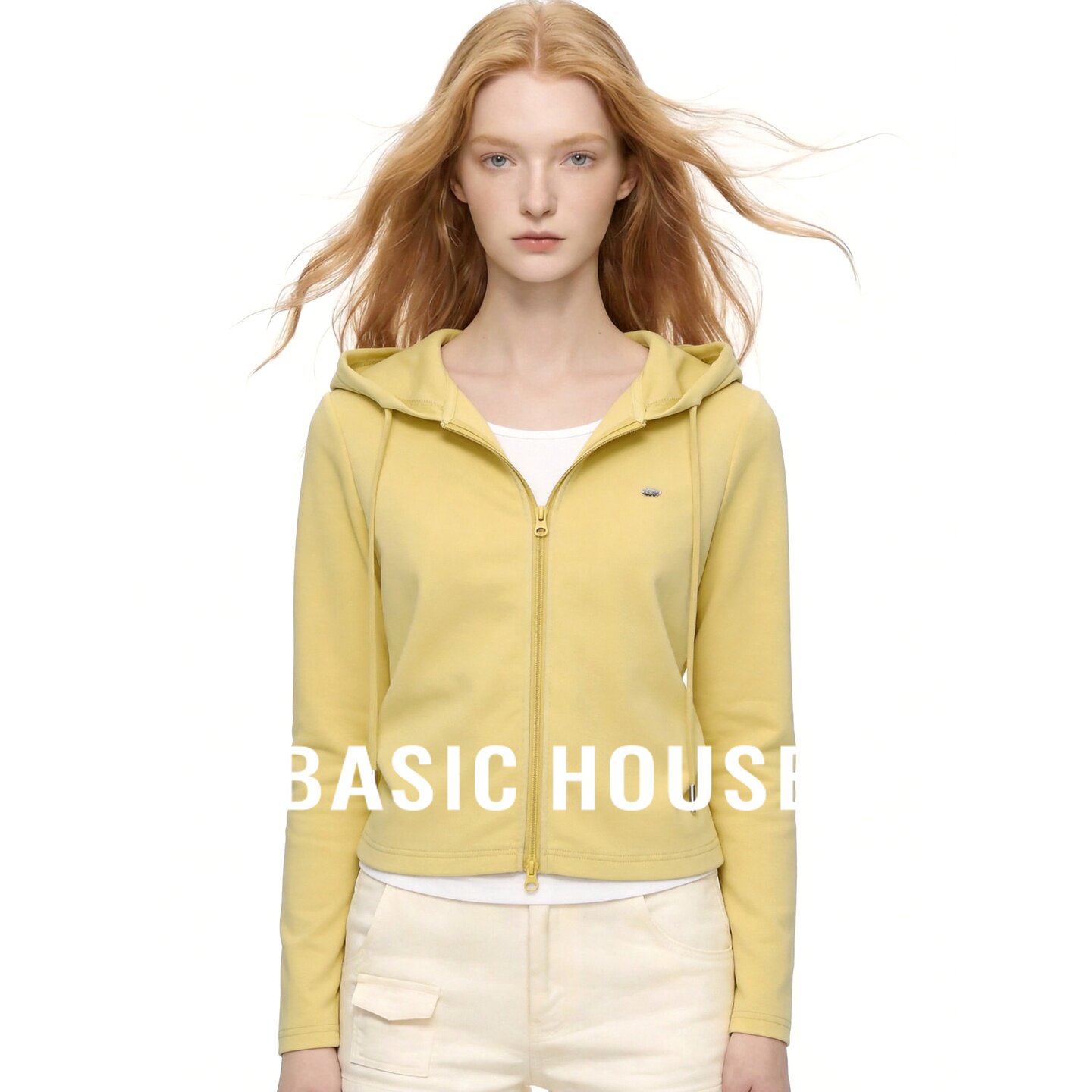 Basic House/百家好连帽拉链外套女秋季修身黄色简约百搭棉质卫衣