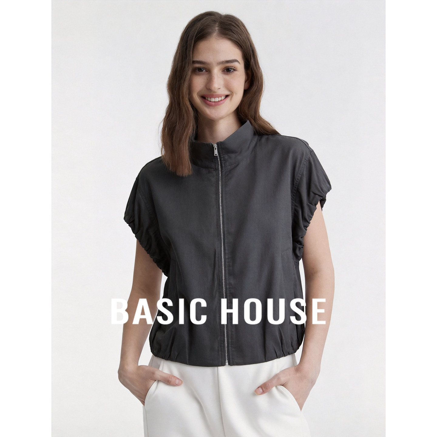 Basic House/百家好莱赛尔立领拉链短袖衬衫女夏收腰显瘦亚麻上衣