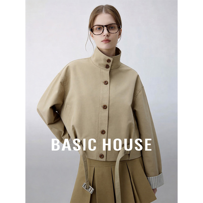 Basic House/百家好26新款小个子短款风衣驼色春季袖口拼接短外套