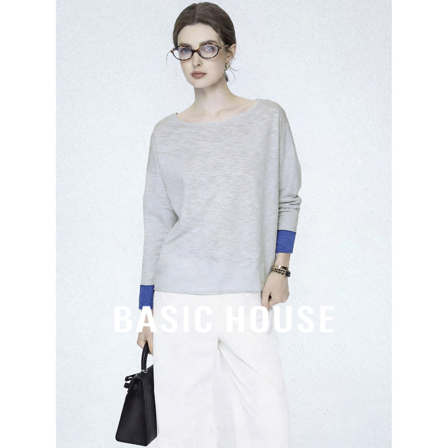 Basic House/百家好袖口撞色圆领针织衫女慵懒风宽松上衣简约百搭