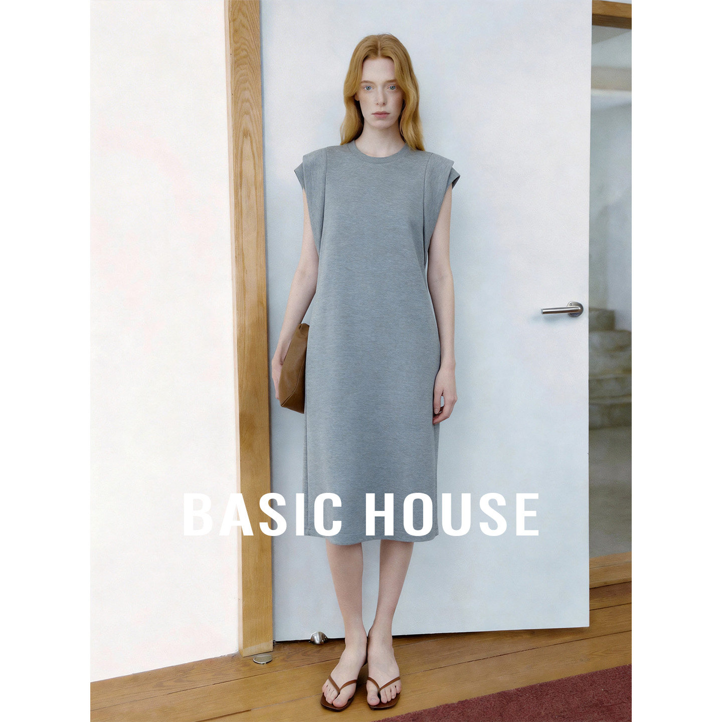 Basic House/百家好极简灰色连衣裙女长款宽松高级感轻熟优雅长裙