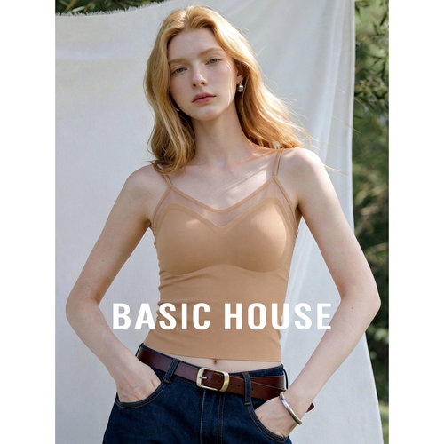 Basic House/百家好V领带胸垫吊带背心女内搭上衣网纱设计