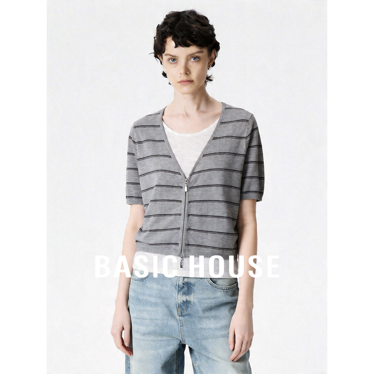 Basic House/百家好撞色条纹假两件针织衫夏季百搭宽松套头上衣女