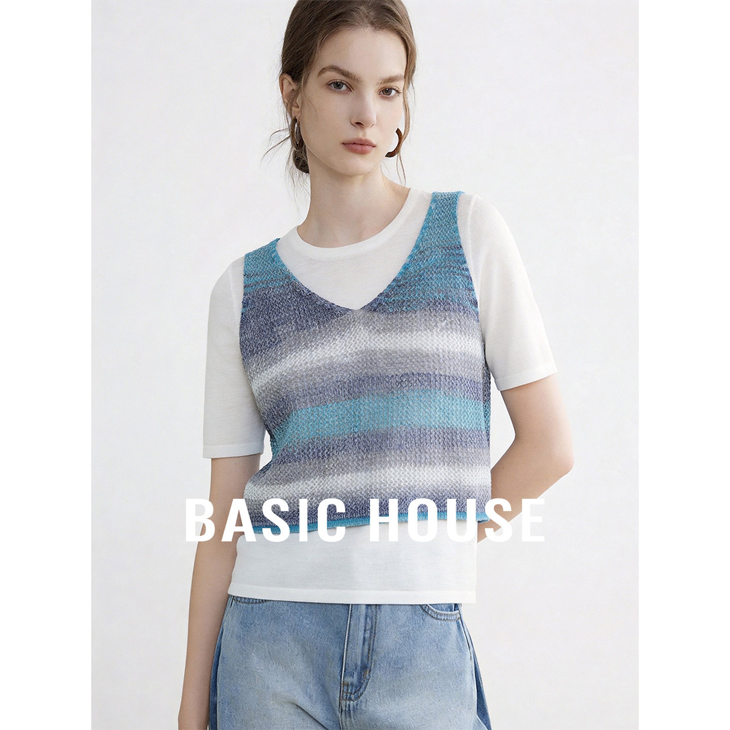 Basic House/百家好韩版假两件撞色条纹针织衫女夏季短袖V领上衣