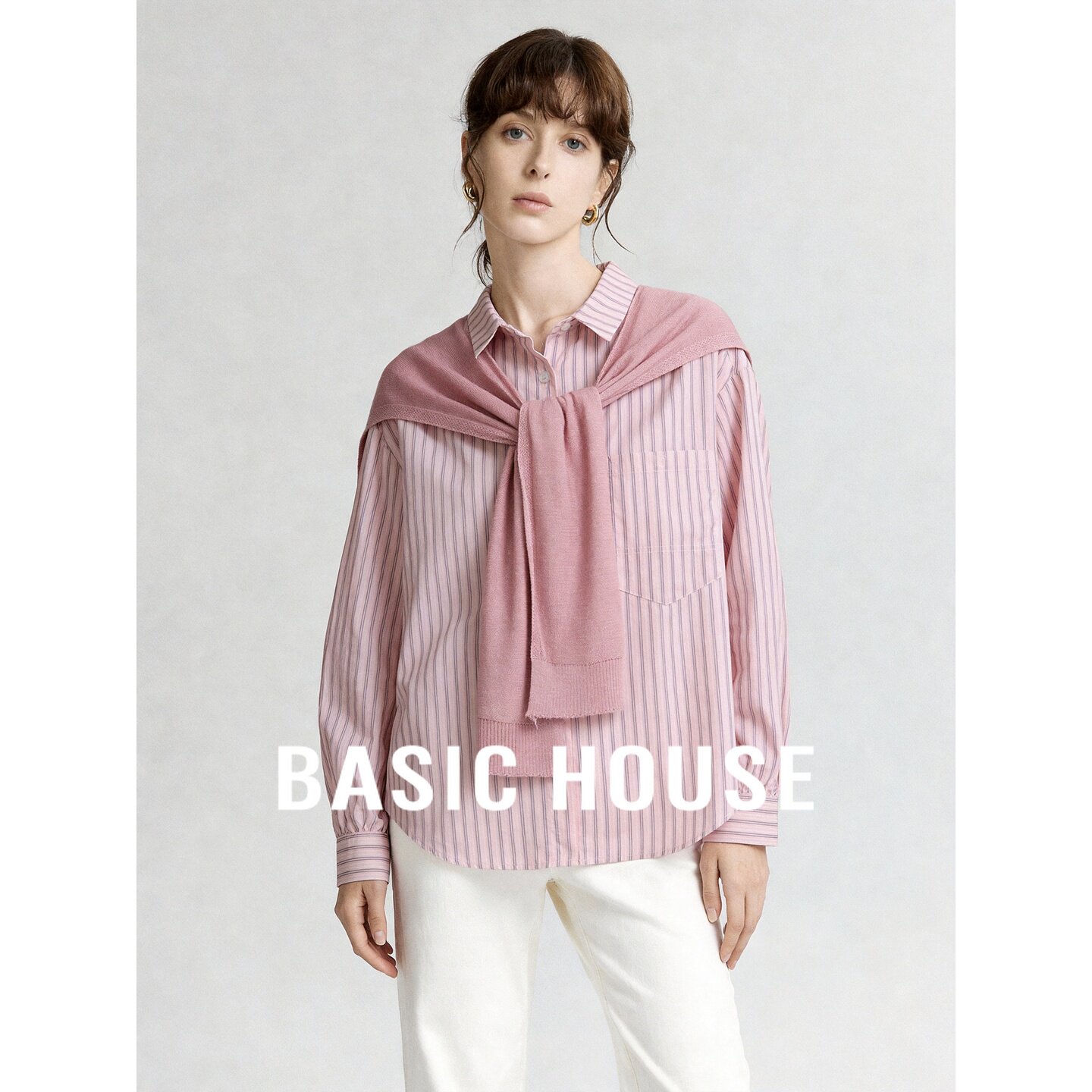 Basic House/百家好2026秋季纯棉粉色条纹系带领假新款日常衬衫女
