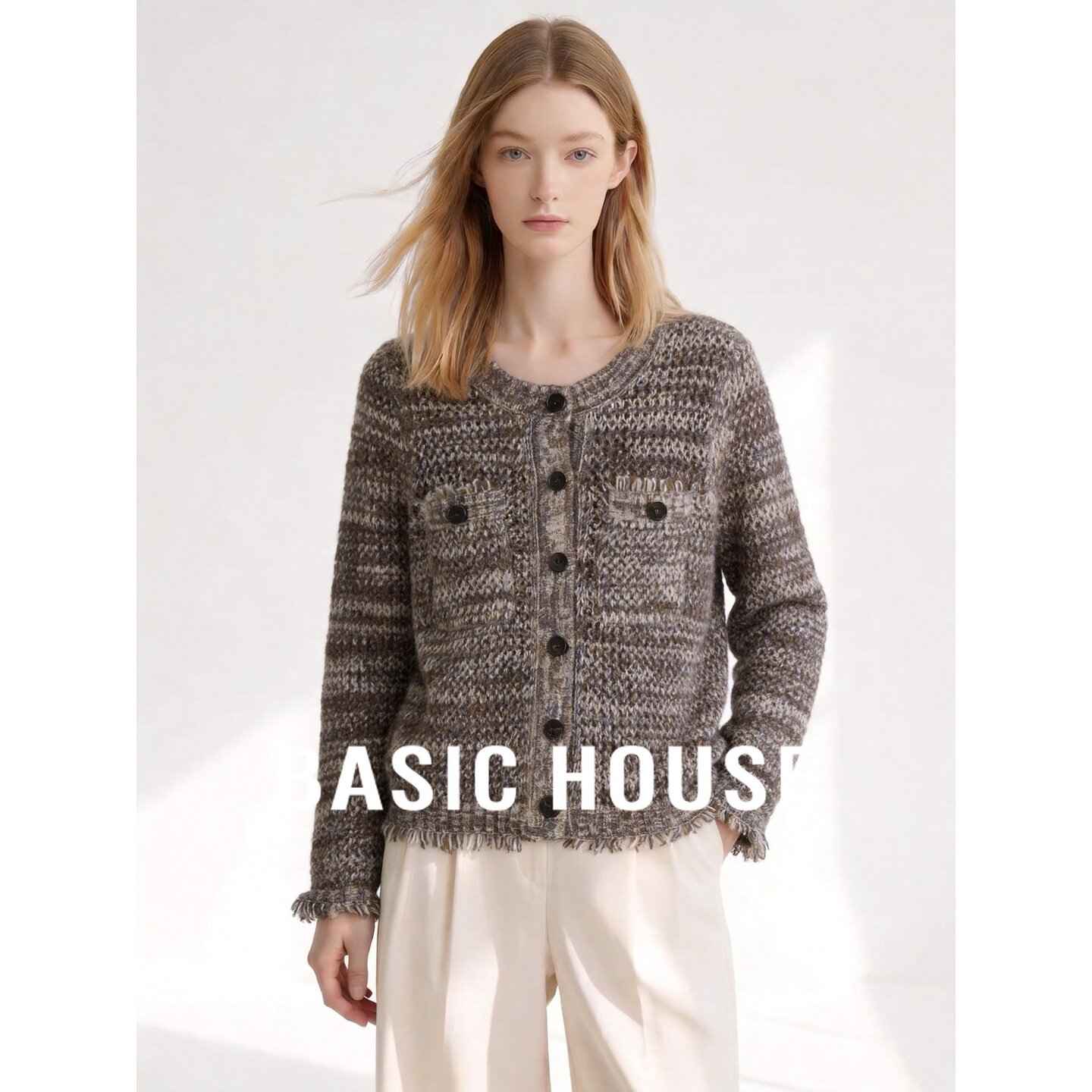 Basic House/百家好小香风流苏毛边圆领针织开衫女秋轻奢质感外套