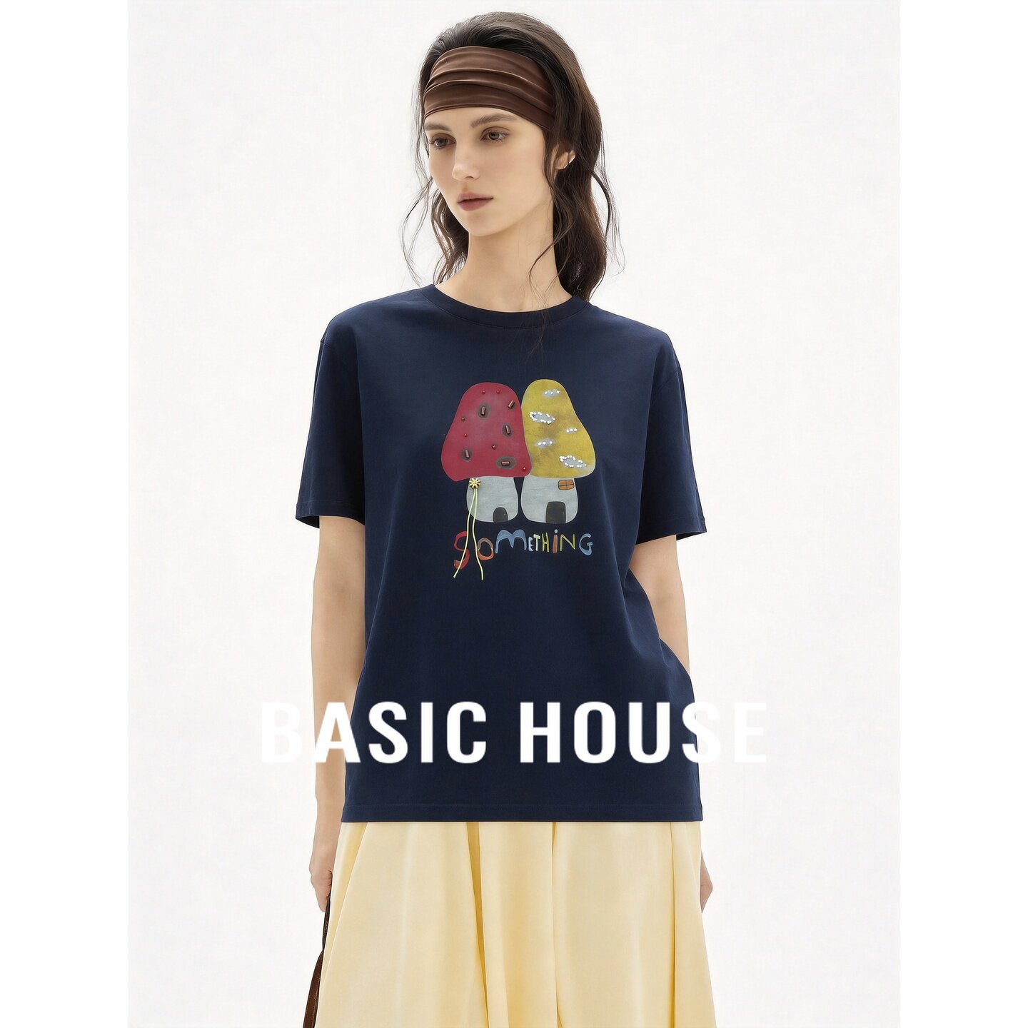 Basic House/百家好卡通印花短袖T恤女夏季圆领宽松短款正肩上衣