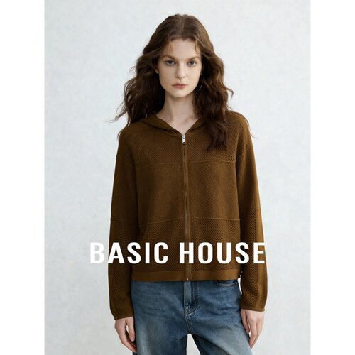 Basic House/百家好复古咖色连帽拉链针织开衫女秋季新款百搭上衣