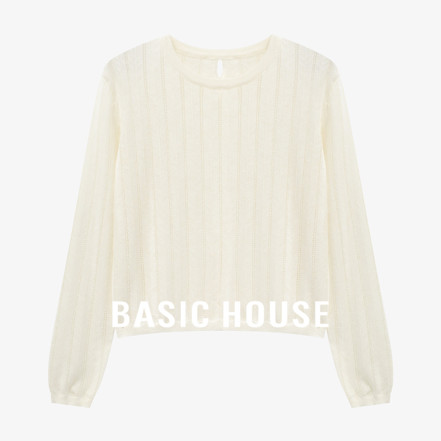Basic House/百家好镂空坑条舒适柔软套头针织衫纯色简约长袖上衣