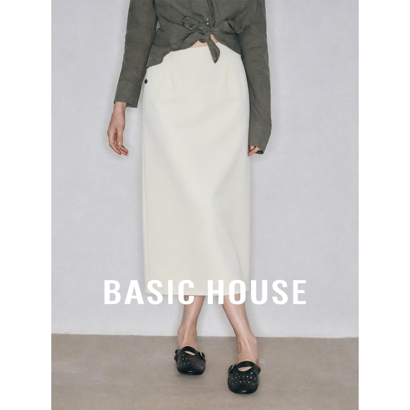 Basic House/百家好2026秋季新款高腰显瘦直筒裙后开叉中长款裙子