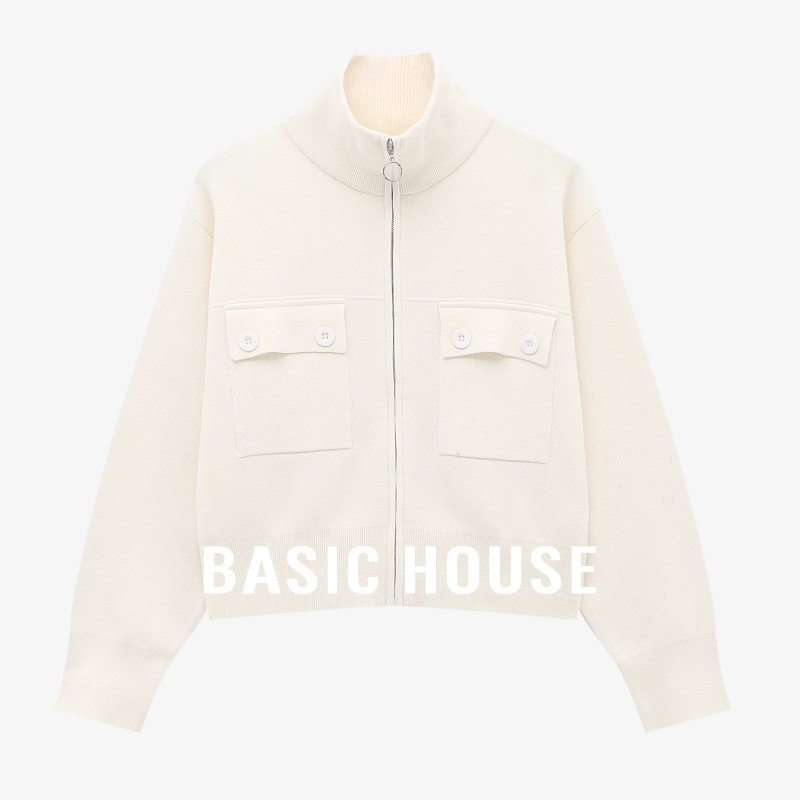 Basic House/百家好柔软舒适立领短款毛衣极简宽松拉链开衫上衣女