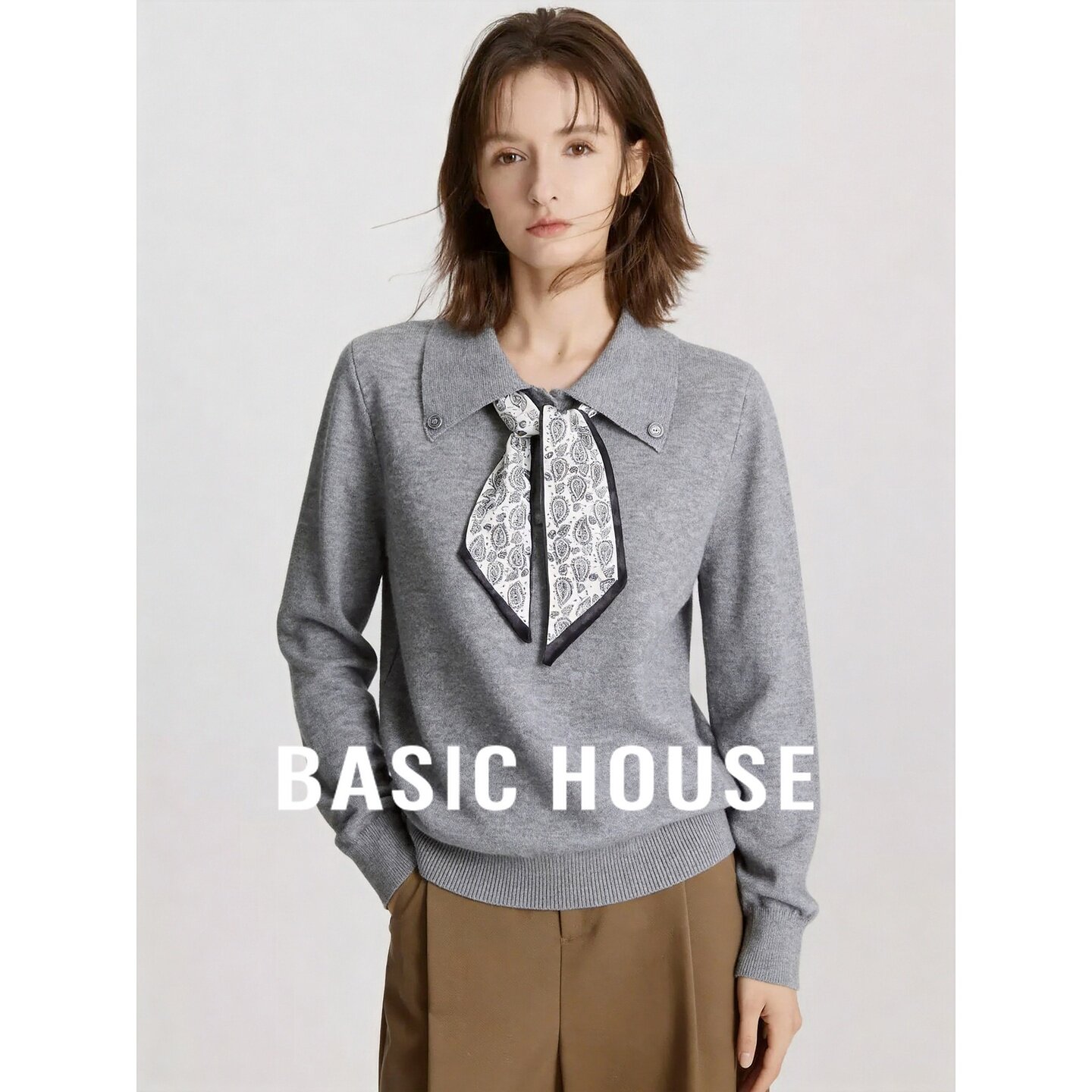 Basic House/百家好2026秋季灰色翻领蝴蝶结系带修身长袖针织衫女