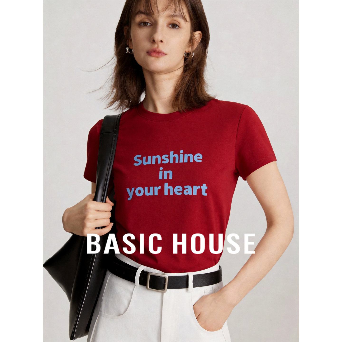 Basic House/百家好美式字母印花短袖T恤女夏季红色显白圆领上衣